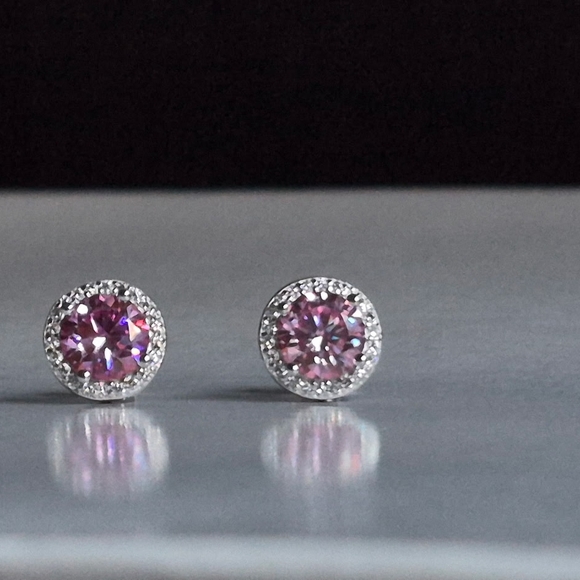 Genuine Pink Diamond Moissanite Halo Stud Earrings | 925 Sterling Silver - Picture 7 of 8